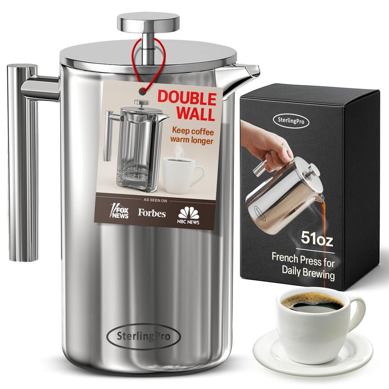 SterlingPro Stainless Steel French Press Coffee Maker Large 1.5 L(51 oz) Mirror â€“ Durable Double Walled Insulated Coffee Press Keeps Drinks Hot, Easy to Use and Clean Stylish Design for Rich Flavor - Image 1